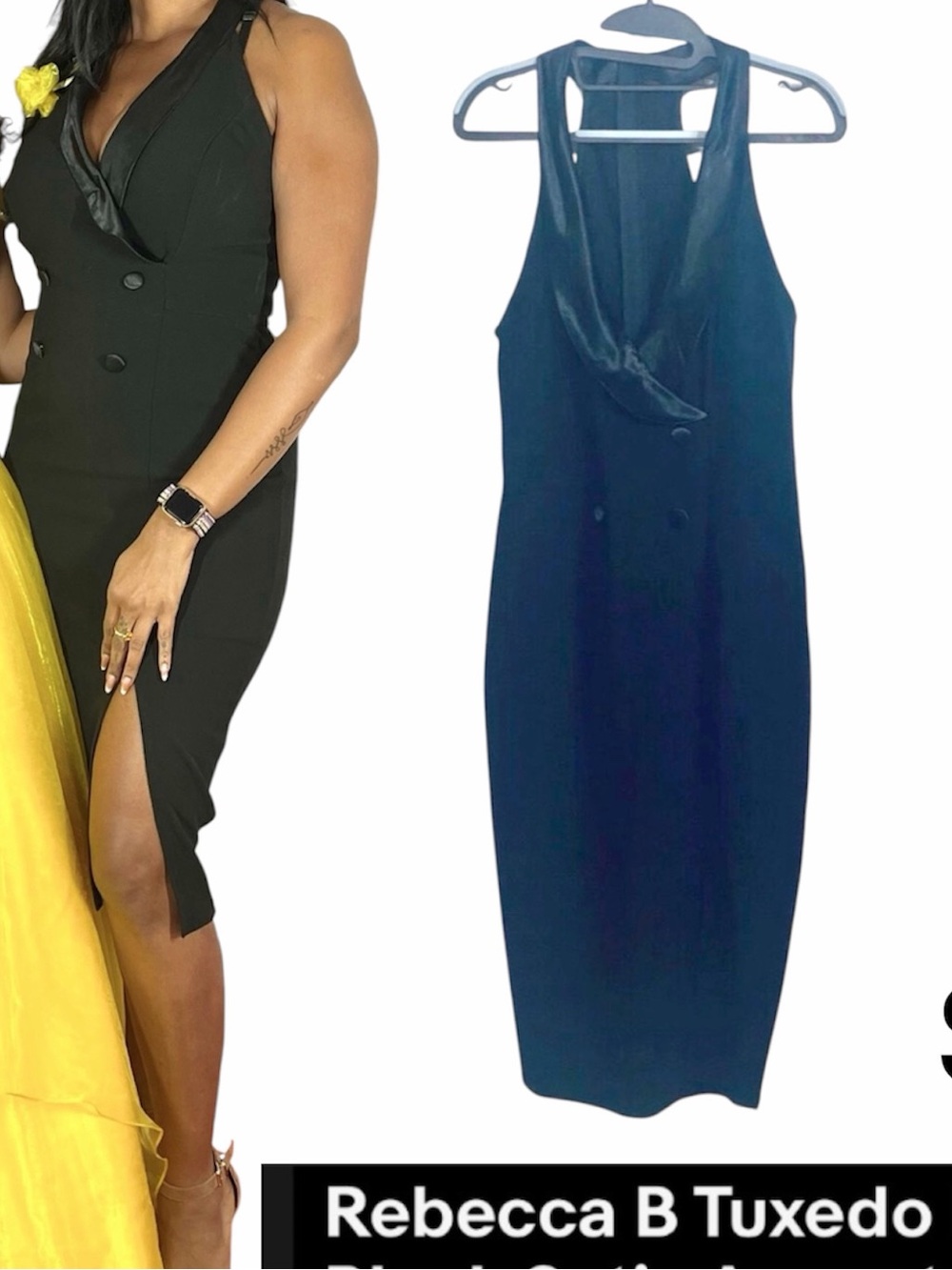BECCA Black Satin-Trim Midi Tuxedo Dress